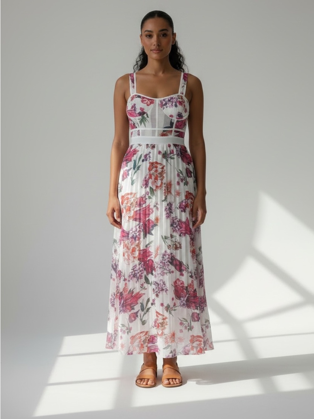 NWOT Floral Pleated Maxi Dress in White and Pink - Picture 1 of 4